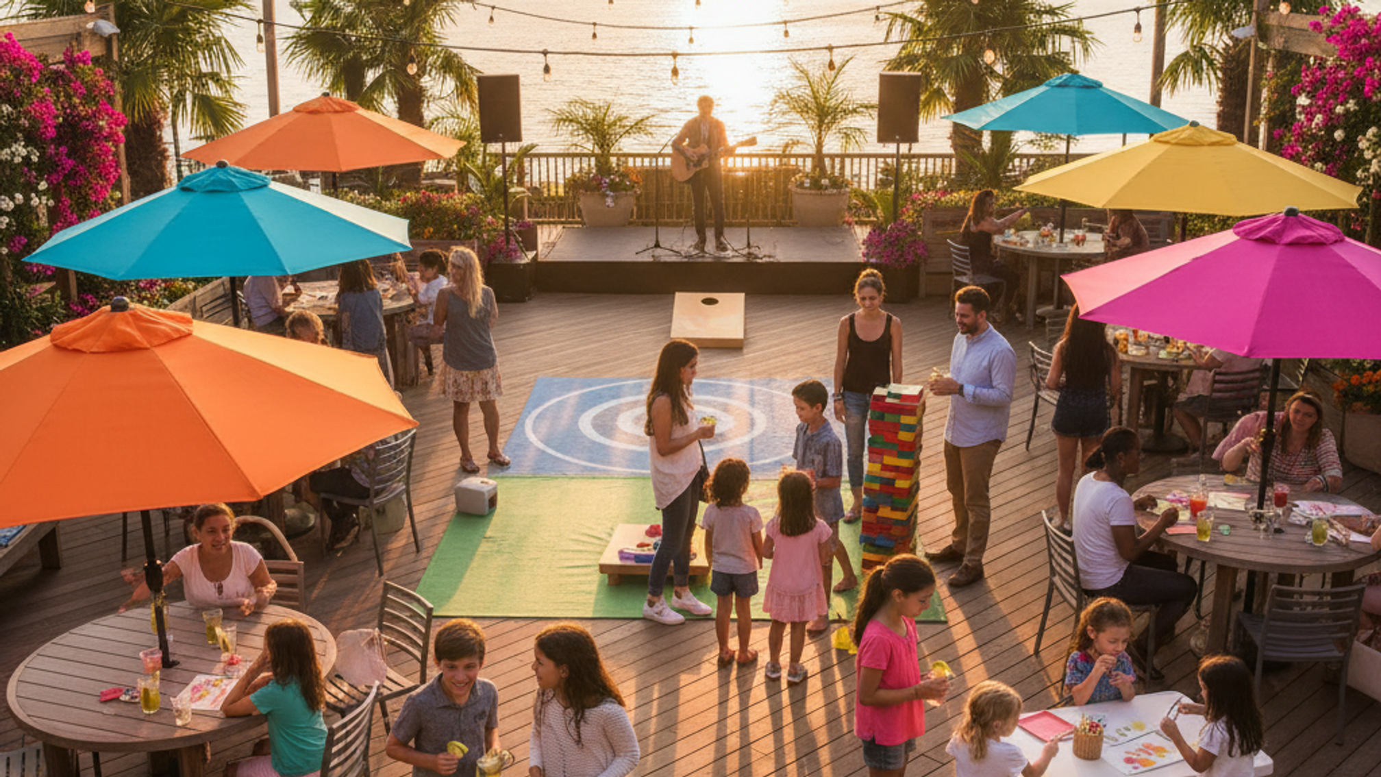 Vibrant entertainment venue courtyard during summer golden hour with families enjoying activities