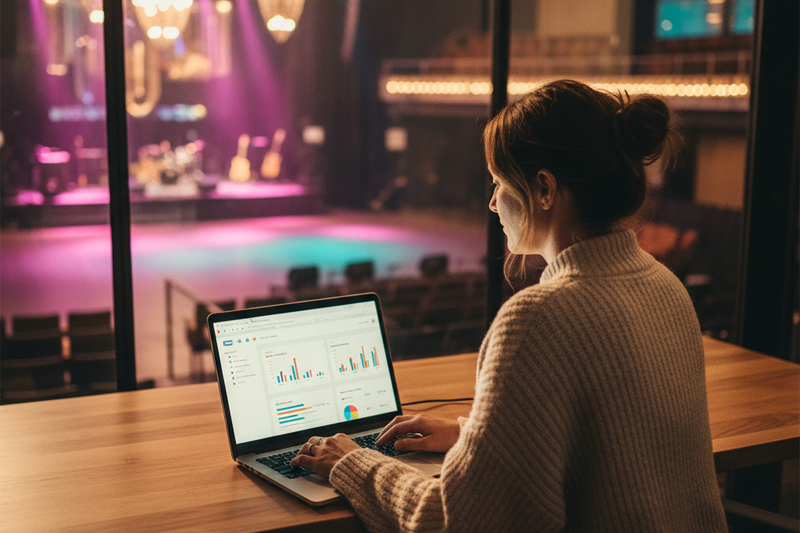 Venue operator using email marketing platform at a laptop with entertainment venue in background