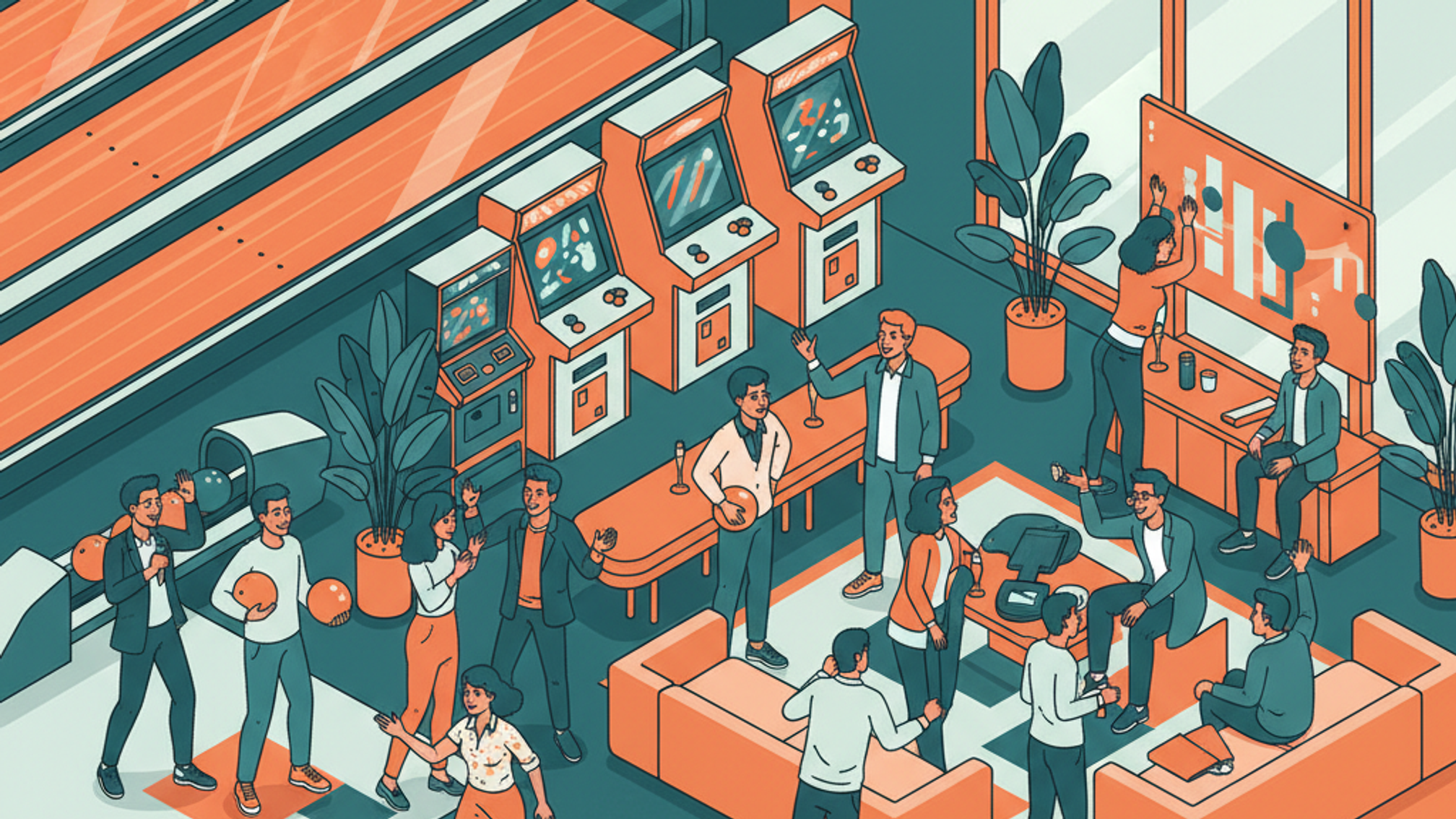 Modern entertainment venue set up for a corporate team-building event with groups of professionals enjoying activities