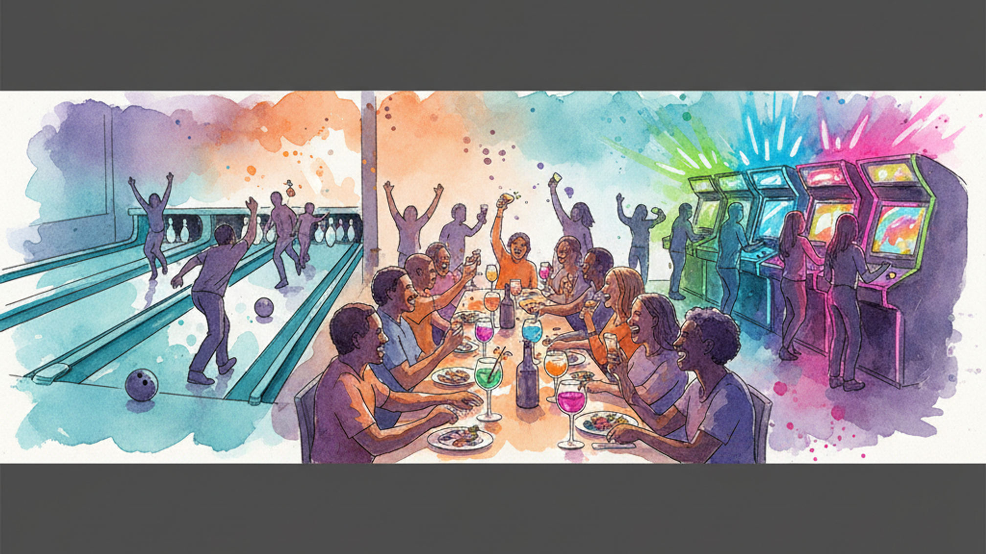 Watercolor illustration of a modern eatertainment venue with bowling lanes, diners, and arcade machines