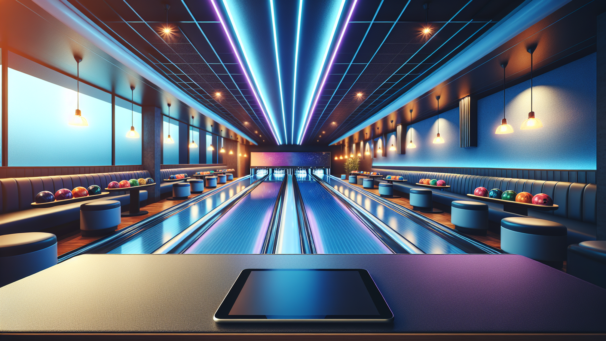 Modern bowling alley with digital booking system tablet in foreground