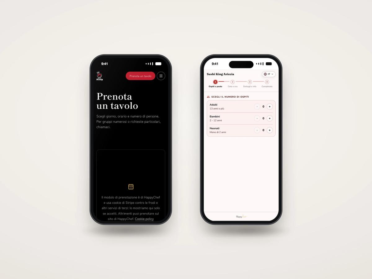 Due smartphone: la pagina Prenota del sito di Sushi King Ariccia e il modulo di prenotazione HappyChef con la scelta del numero di ospiti