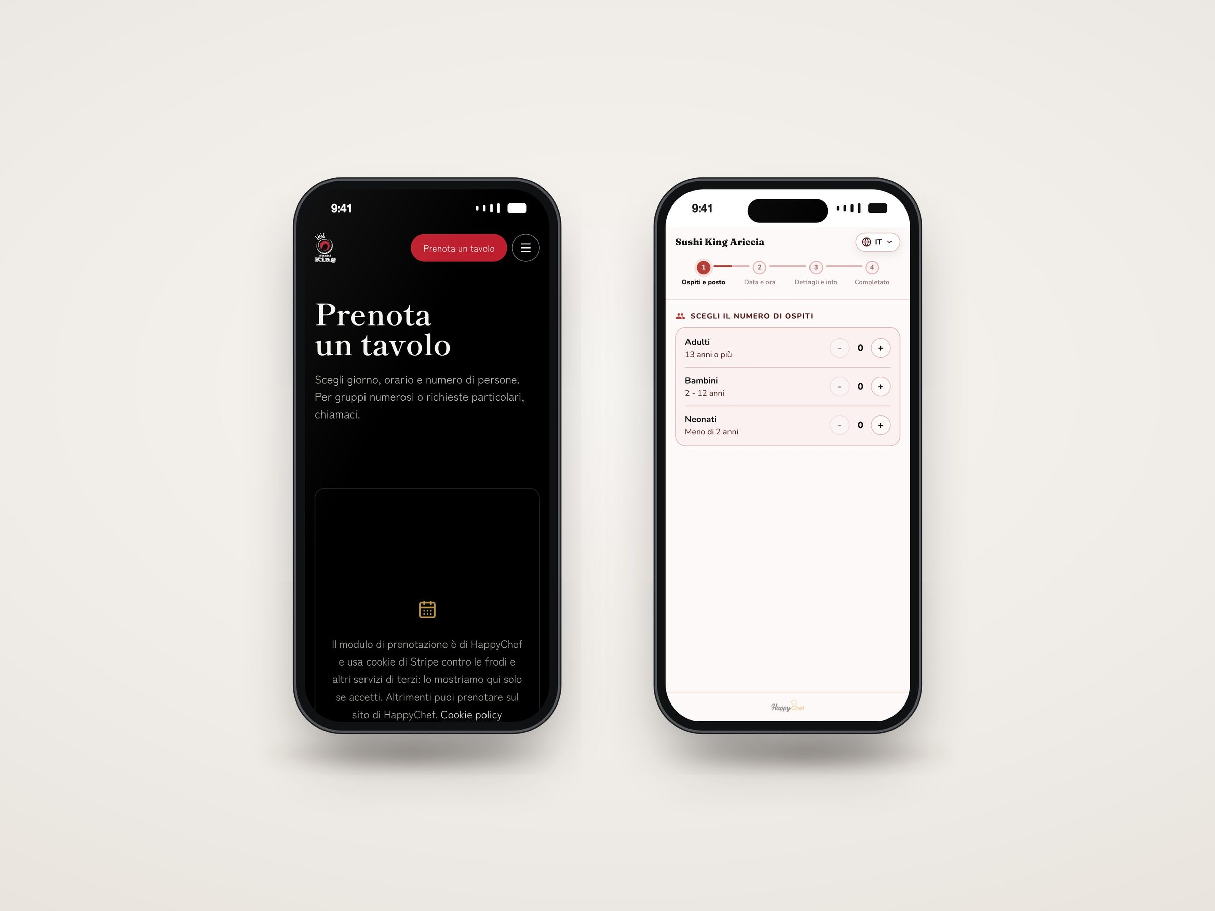 Due smartphone: la pagina Prenota del sito di Sushi King Ariccia e il modulo di prenotazione HappyChef con la scelta del numero di ospiti