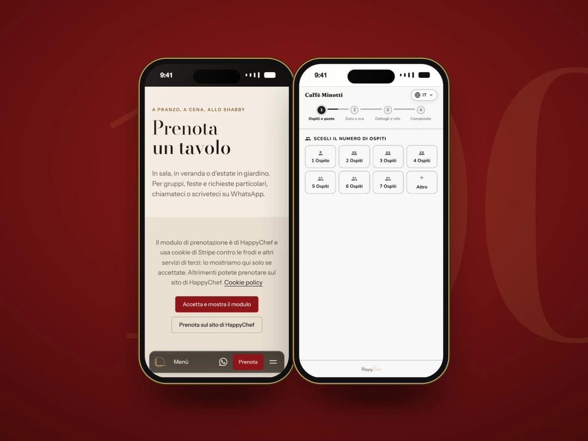 Due smartphone: la pagina Prenota del sito del Caffè Minotti e il modulo di prenotazione HappyChef con la scelta del numero di ospiti