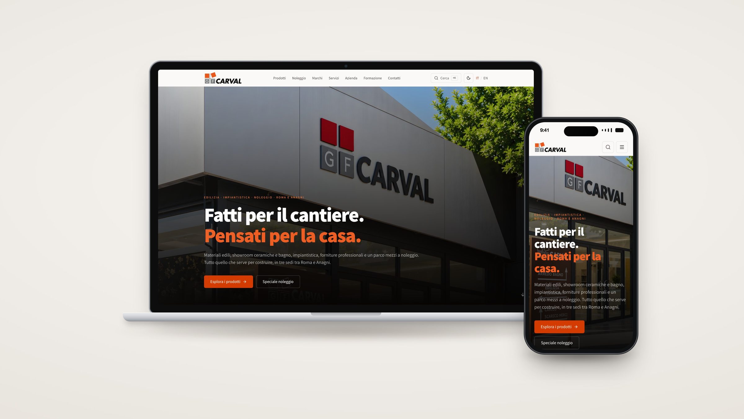 Il nuovo sito di GF Carval su un portatile e su uno smartphone, con il titolo «Fatti per il cantiere. Pensati per la casa.»