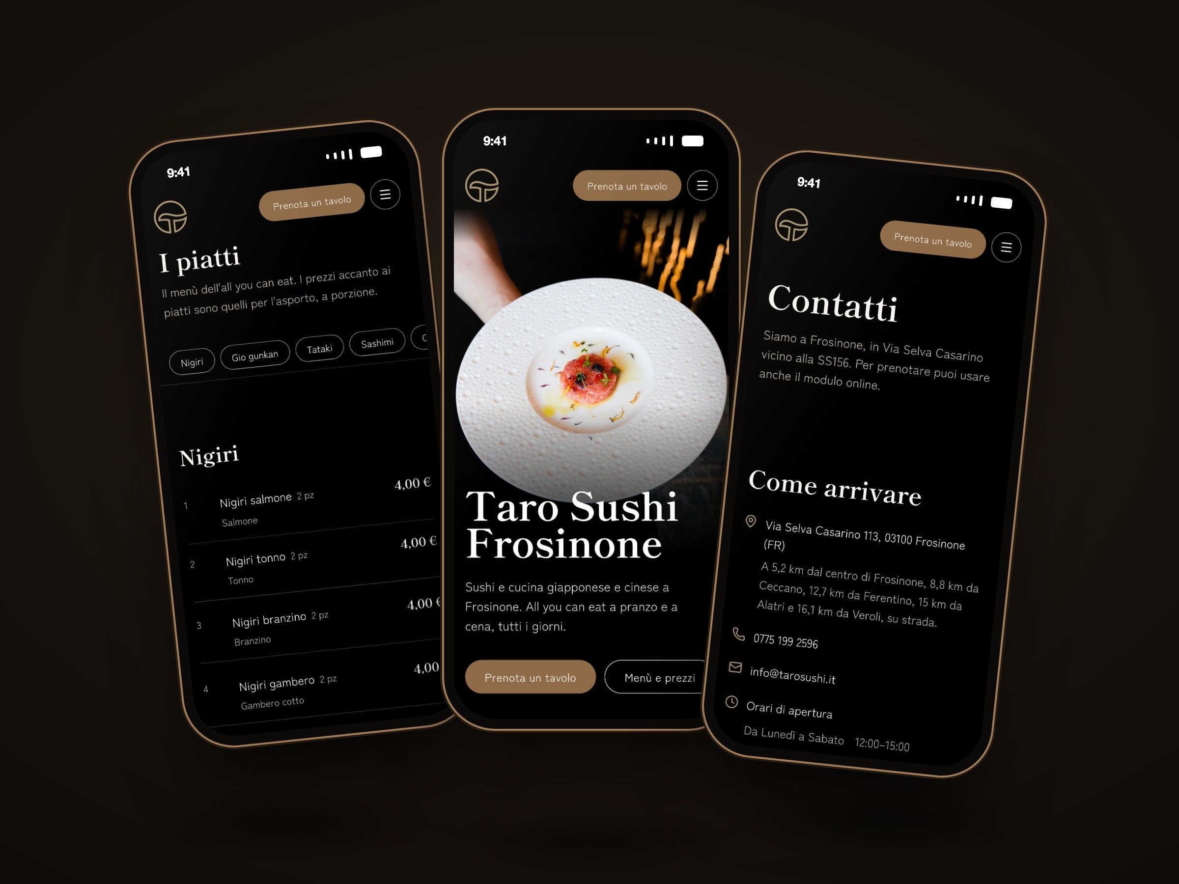 Tre smartphone con il sito di Taro Sushi: la pagina Menù, la home e la pagina Contatti