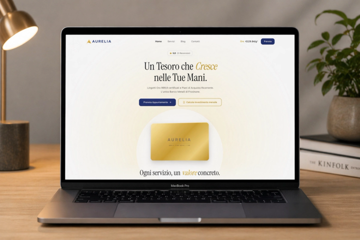 La home del sito aurelia.gold su un portatile appoggiato su una scrivania