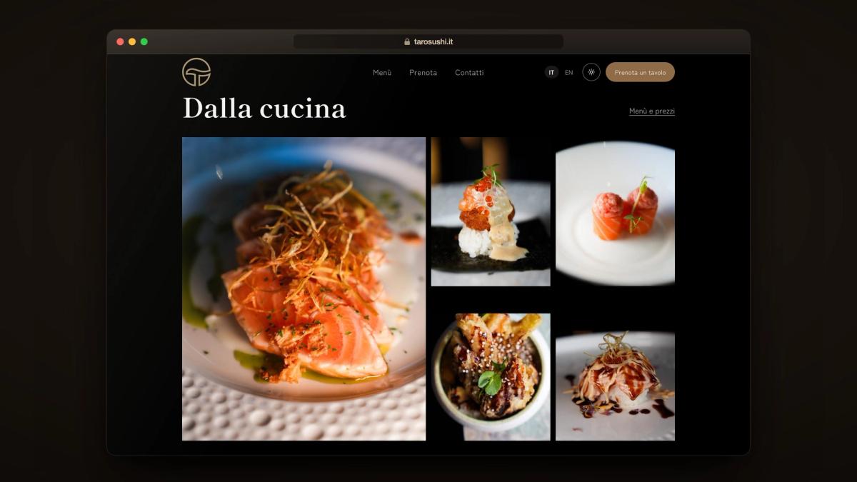 La sezione Dalla cucina del sito di Taro Sushi, con le foto di salmone scottato, gunkan, tartare e altri piatti scattate da Evitouch