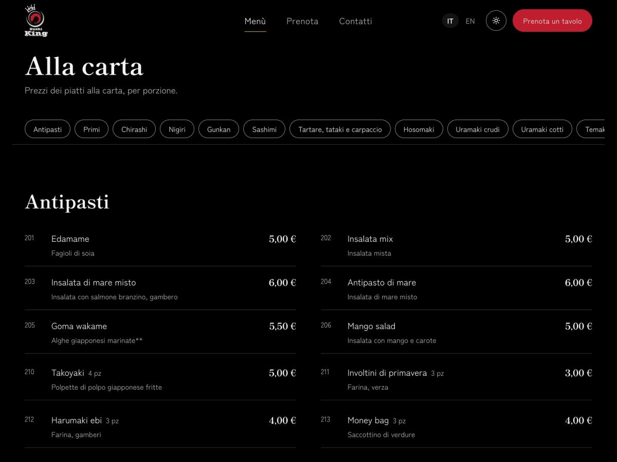 La pagina Menù del sito di Sushi King Ariccia, con la barra delle sezioni e gli antipasti con numero, ingredienti e prezzo