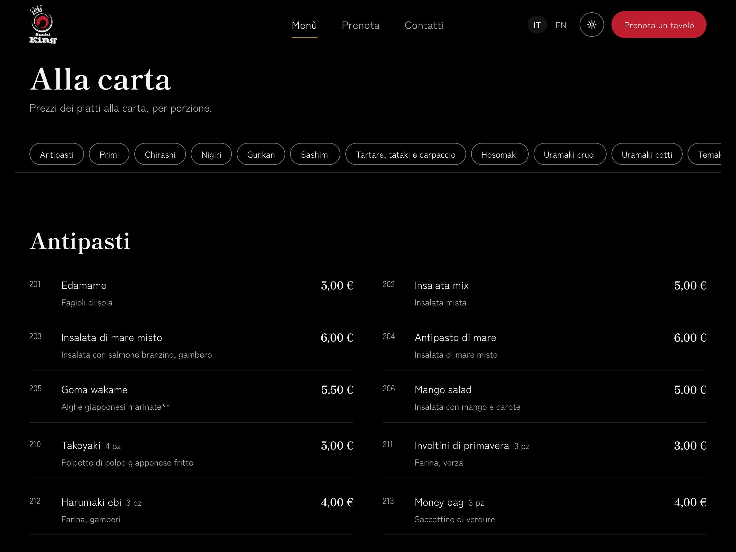 La pagina Menù del sito di Sushi King Ariccia, con la barra delle sezioni e gli antipasti con numero, ingredienti e prezzo