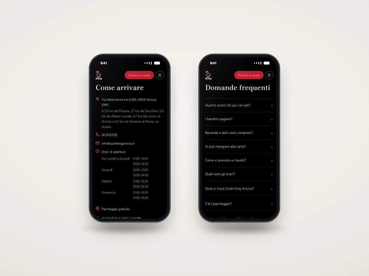 Due smartphone con il sito di Sushi King Ariccia: la sezione Come arrivare con indirizzo, distanze e orari, e le domande frequenti
