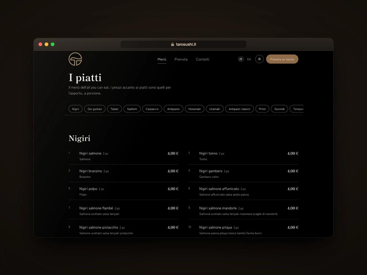 La pagina Menù del sito di Taro Sushi, con la barra delle sezioni e i nigiri con i prezzi per l'asporto