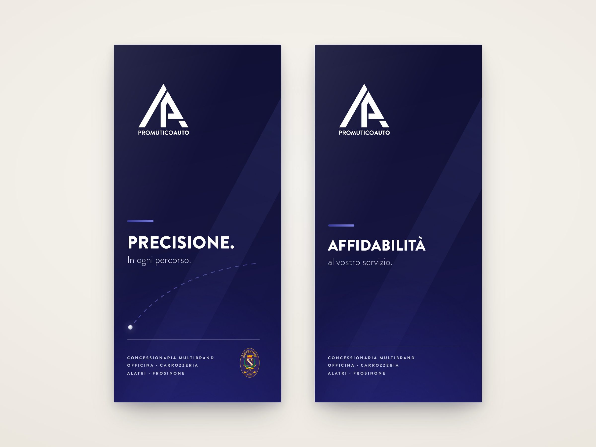 Le due copertine del pieghevole: «Precisione. In ogni percorso.» per il torneo di golf e «Affidabilità. Al vostro servizio.» per la concessionaria