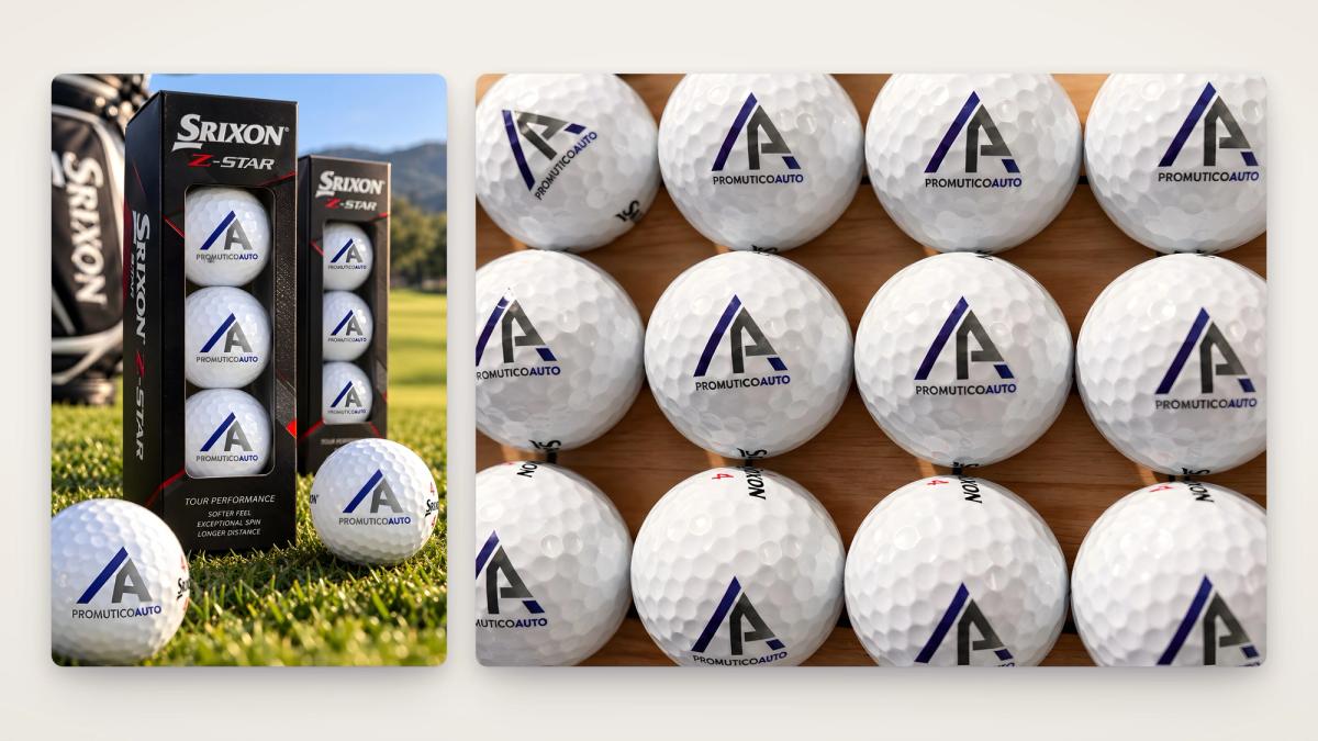 Le palline Srixon Z-Star con il logo Promutico Auto: la confezione da tre sull'erba e una fila di palline personalizzate