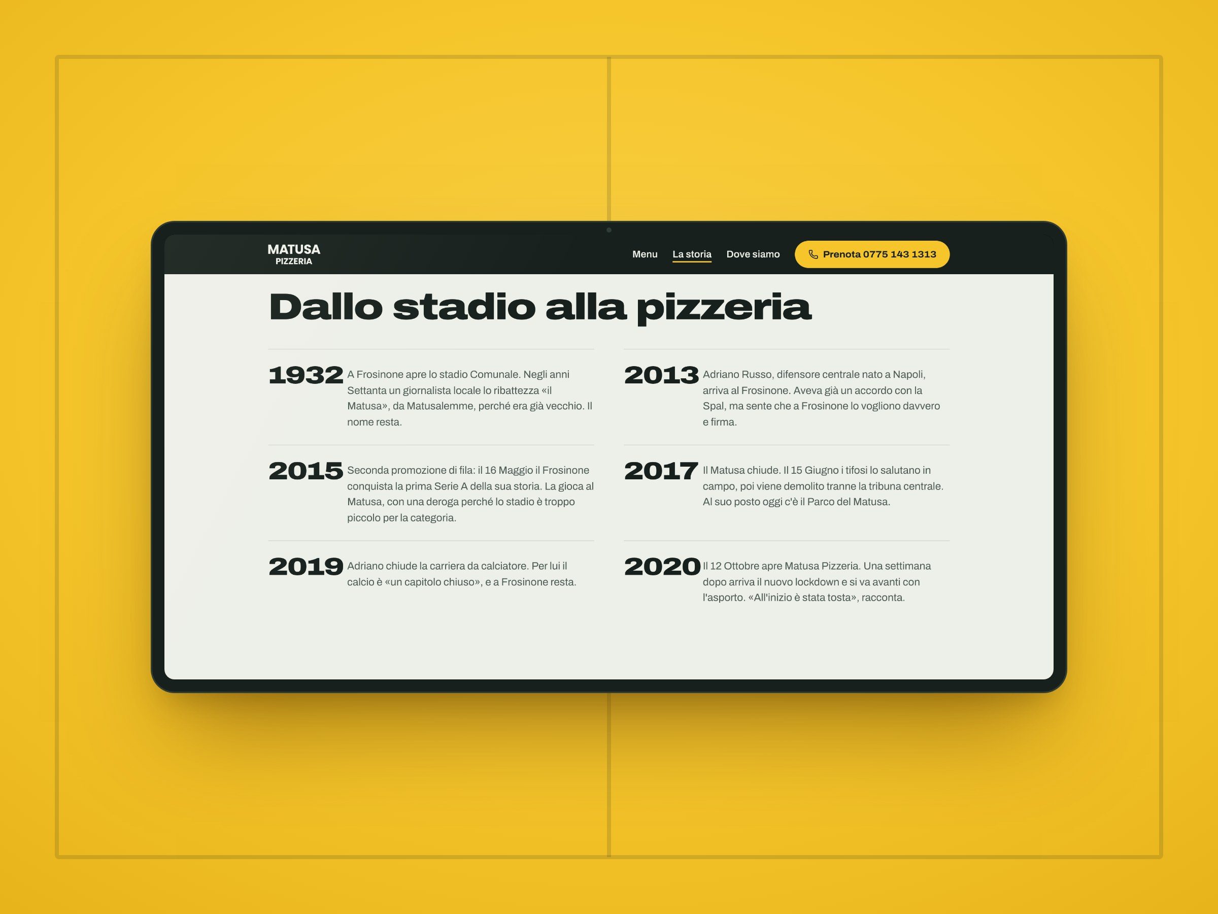 La pagina La storia del sito di Matusa Pizzeria su uno schermo, con la linea del tempo Dallo stadio alla pizzeria dal 1932 al 2020