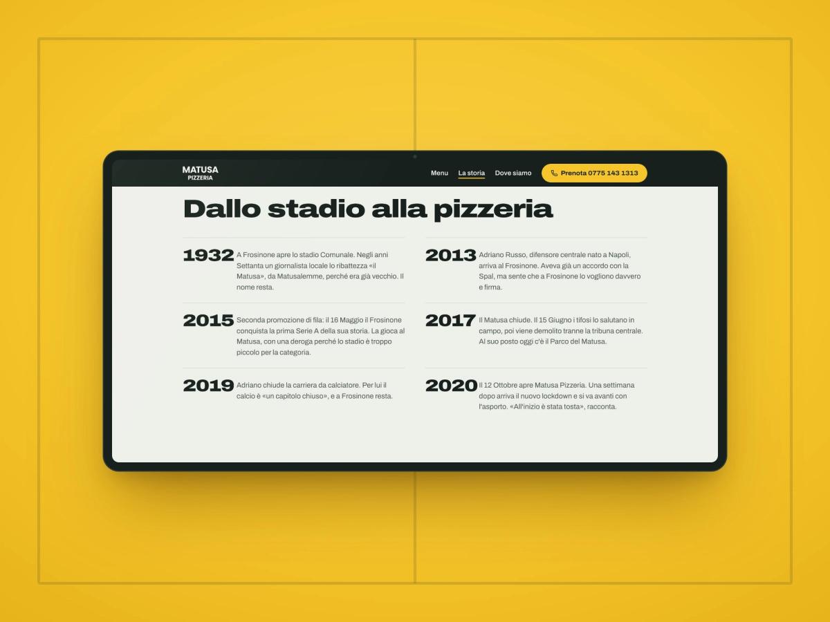 La pagina La storia del sito di Matusa Pizzeria su uno schermo, con la linea del tempo Dallo stadio alla pizzeria dal 1932 al 2020