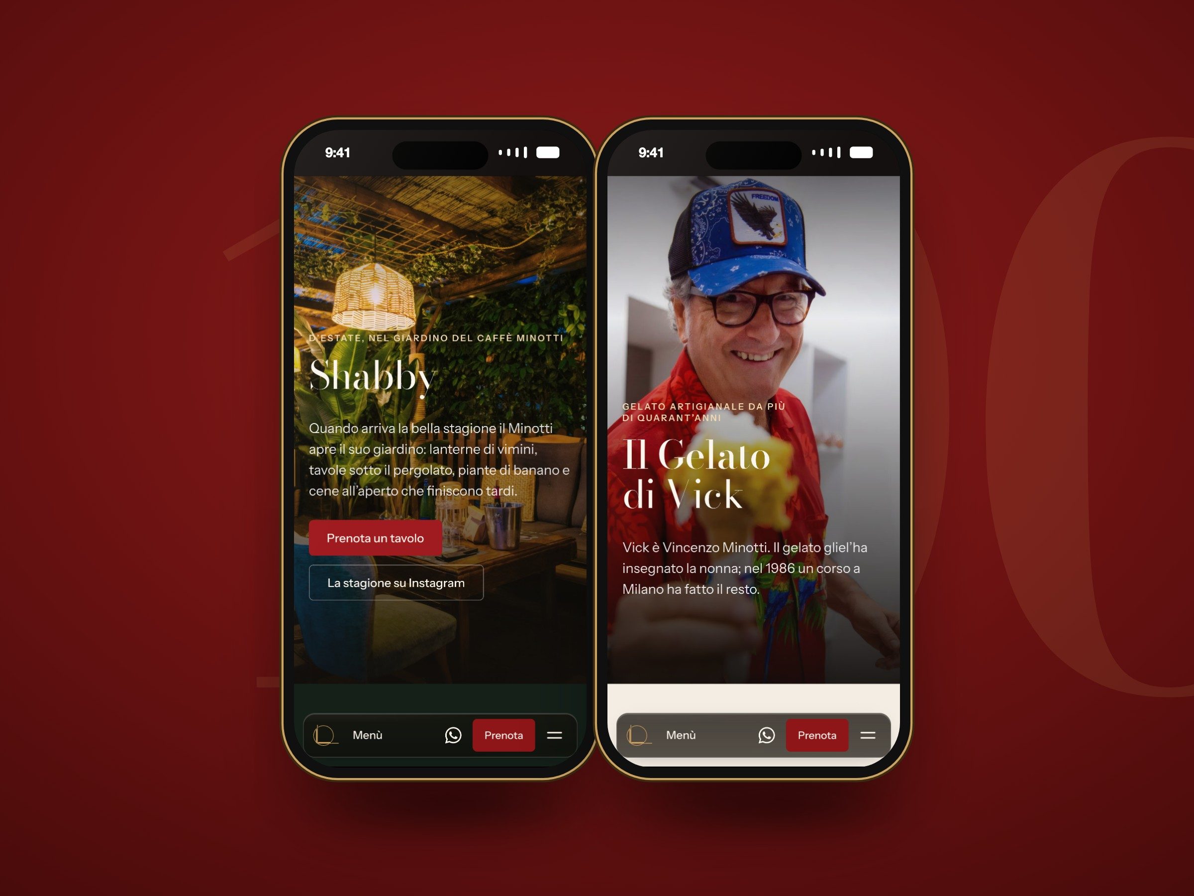 Due smartphone con le pagine Shabby e Il Gelato di Vick del sito del Caffè Minotti