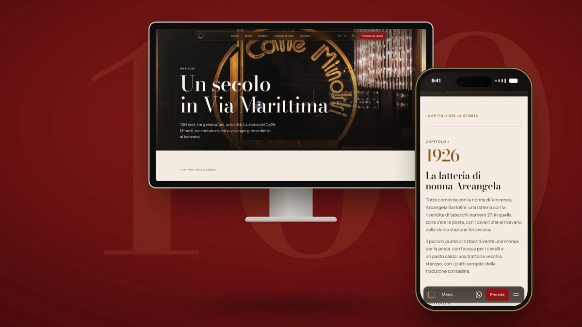 La pagina Storia del sito del Caffè Minotti su un monitor e su uno smartphone, con il titolo Un secolo in Via Marittima e il capitolo del 1926