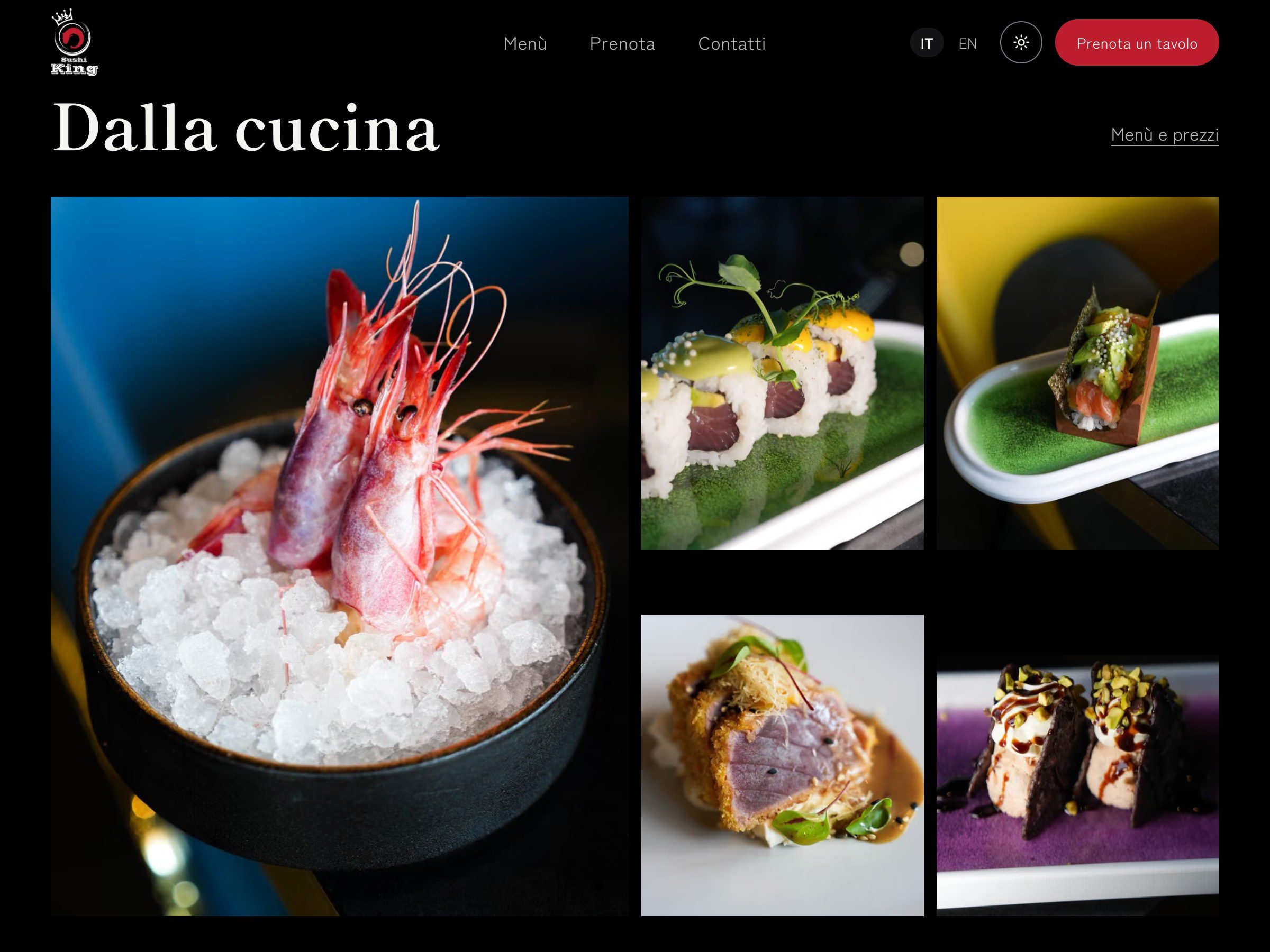 La sezione Dalla cucina del sito di Sushi King Ariccia, con le foto di gamberi rossi, uramaki e altri piatti scattate da Evitouch nel locale
