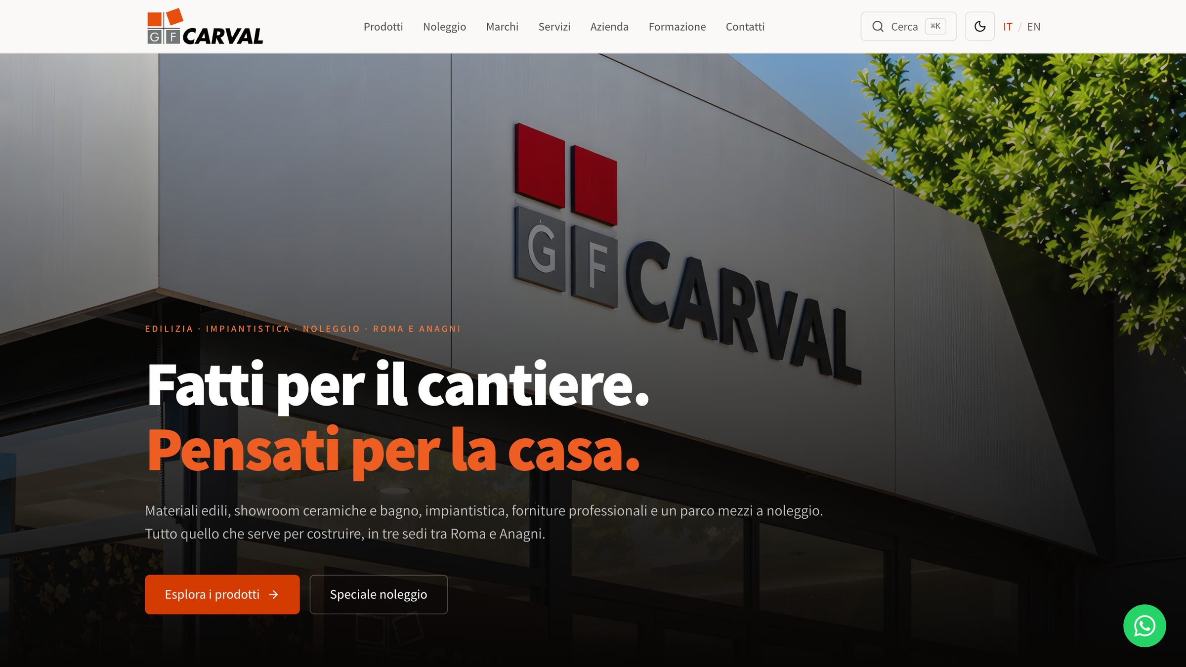 La home del sito di GF Carval, con l'insegna di una sede e il titolo «Fatti per il cantiere. Pensati per la casa.»