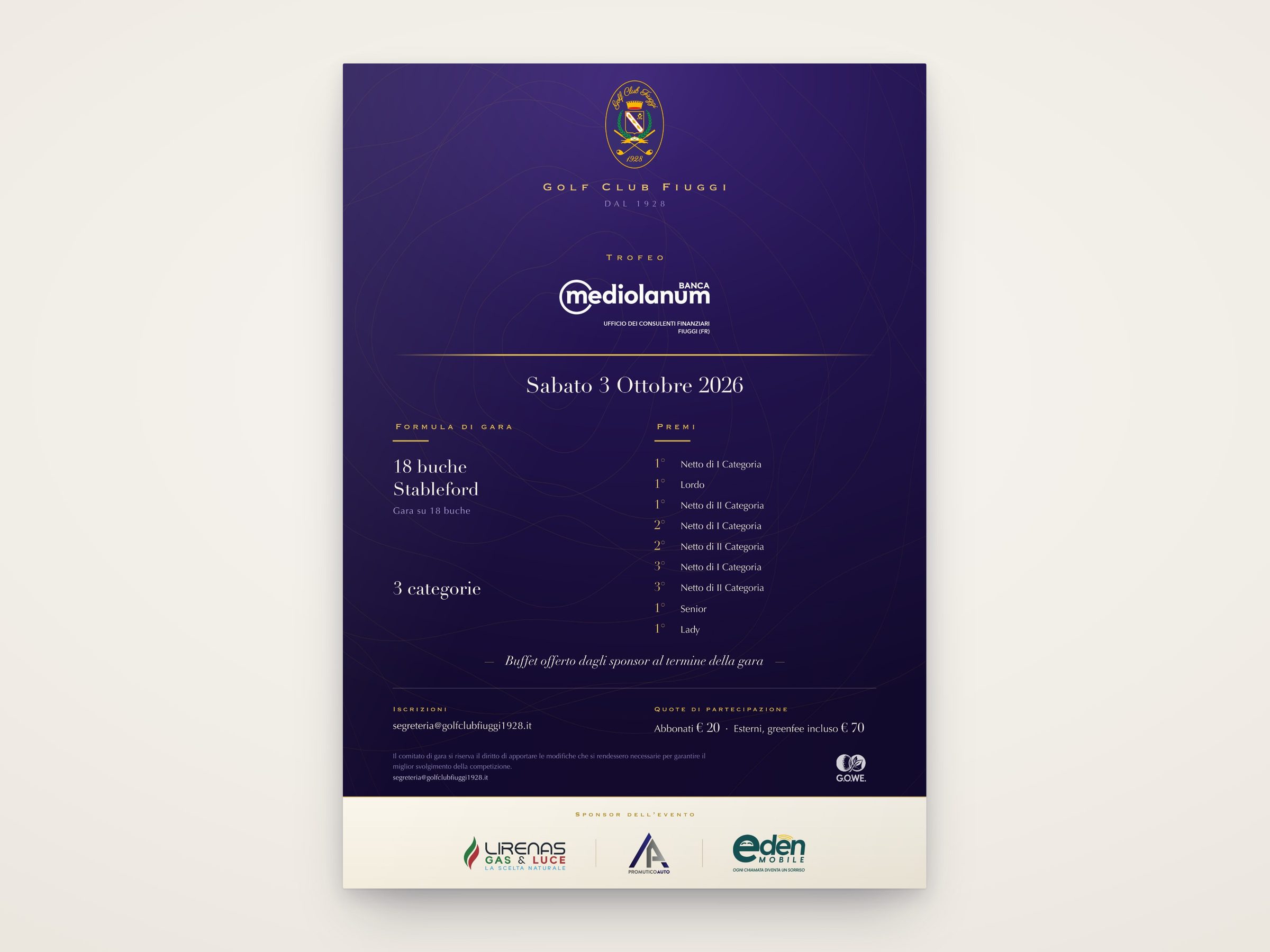 La locandina del Trofeo Banca Mediolanum del 3 ottobre 2026 al Golf Club Fiuggi, ridisegnata da Evitouch