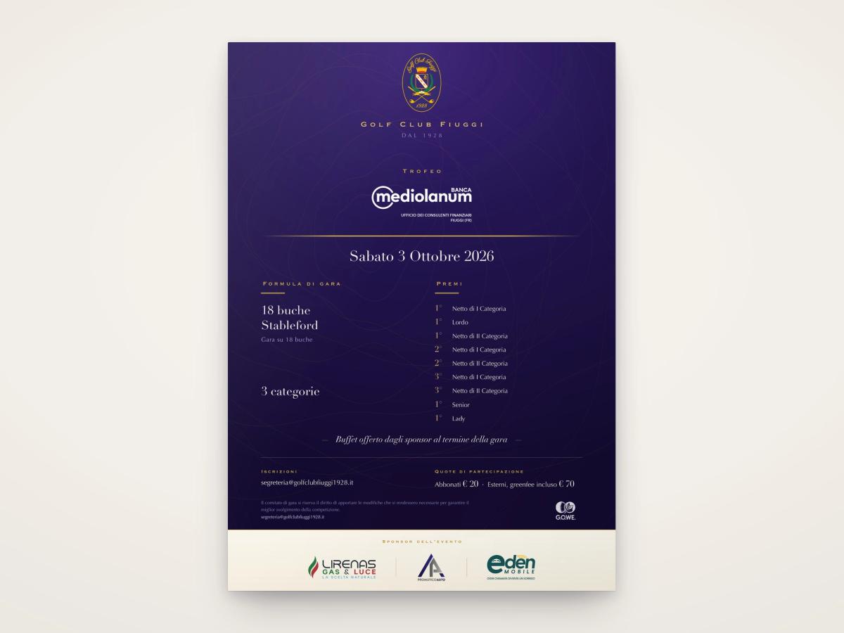 La locandina del Trofeo Banca Mediolanum del 3 ottobre 2026 al Golf Club Fiuggi, ridisegnata da Evitouch