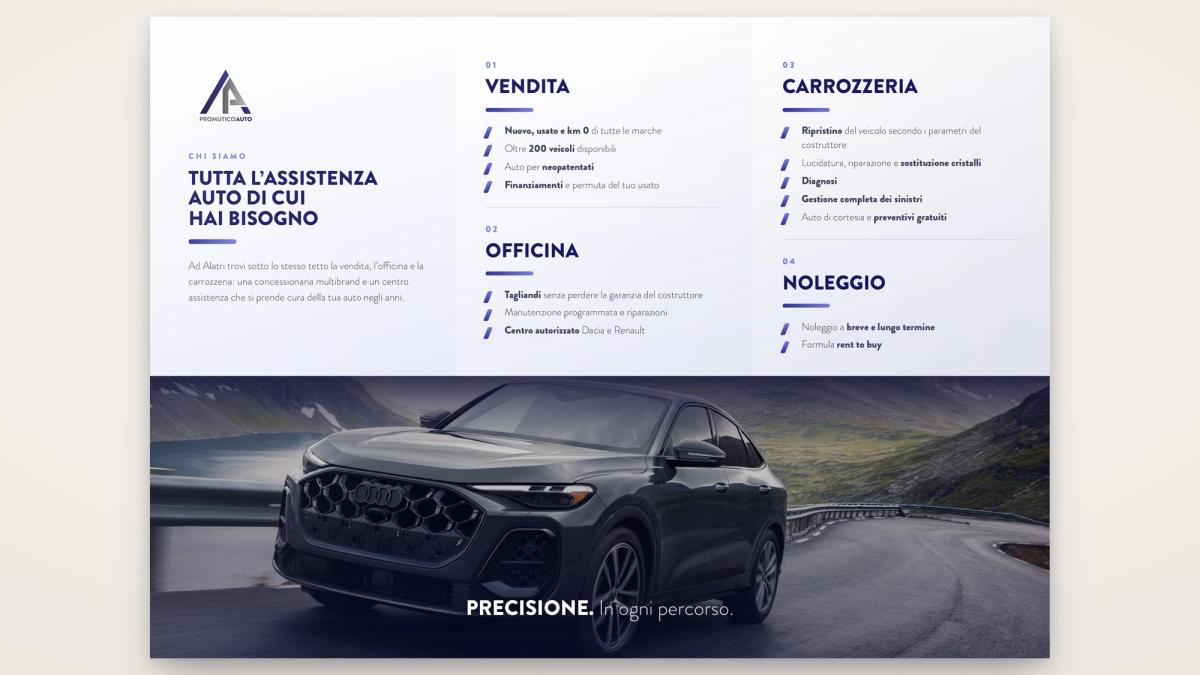 L'interno del pieghevole di Promutico Auto, con vendita, officina, carrozzeria e noleggio e una fascia fotografica con un'Audi Q5 Sportback