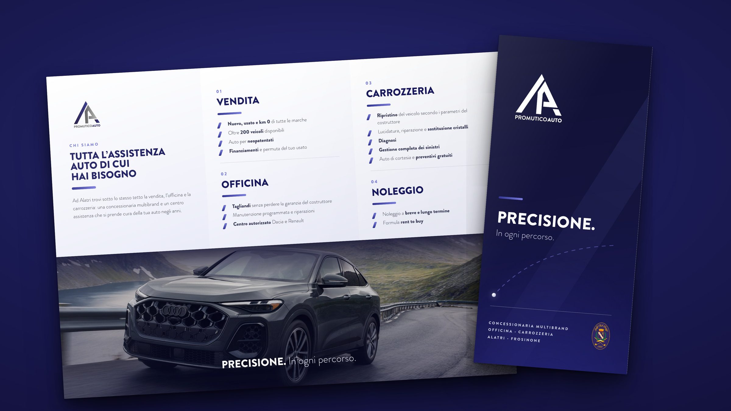 Il pieghevole di Promutico Auto per il Trofeo Banca Mediolanum, aperto e chiuso, con il claim «Precisione. In ogni percorso.»