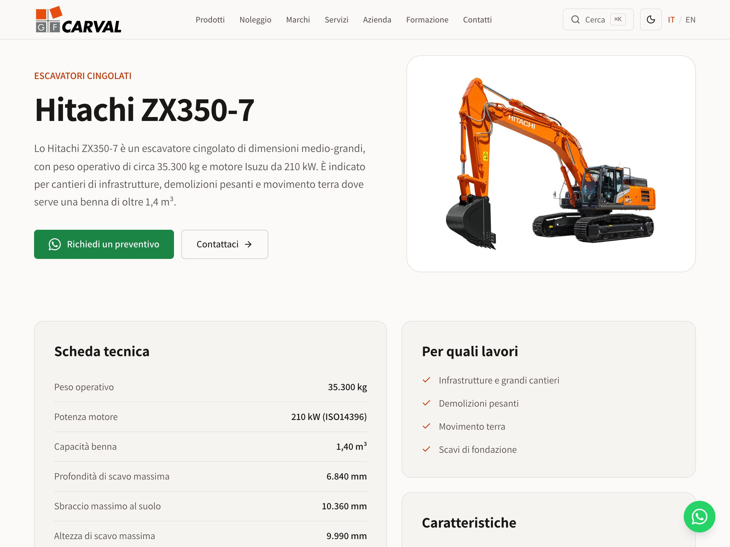 La scheda del noleggio dell'escavatore Hitachi ZX350-7 sul sito di GF Carval, con la scheda tecnica e i lavori per cui è indicato