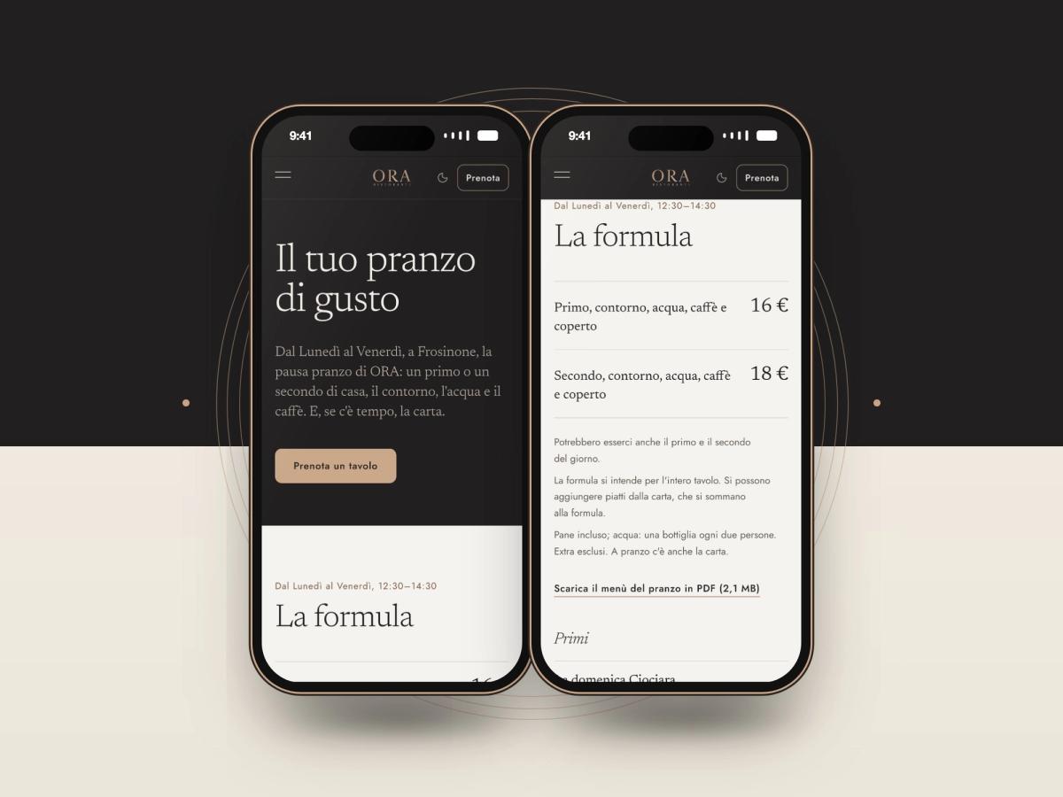 Due smartphone con la pagina Pranzo del sito di ORA Ristorante: la formula da 16 e da 18 euro dal lunedì al venerdì