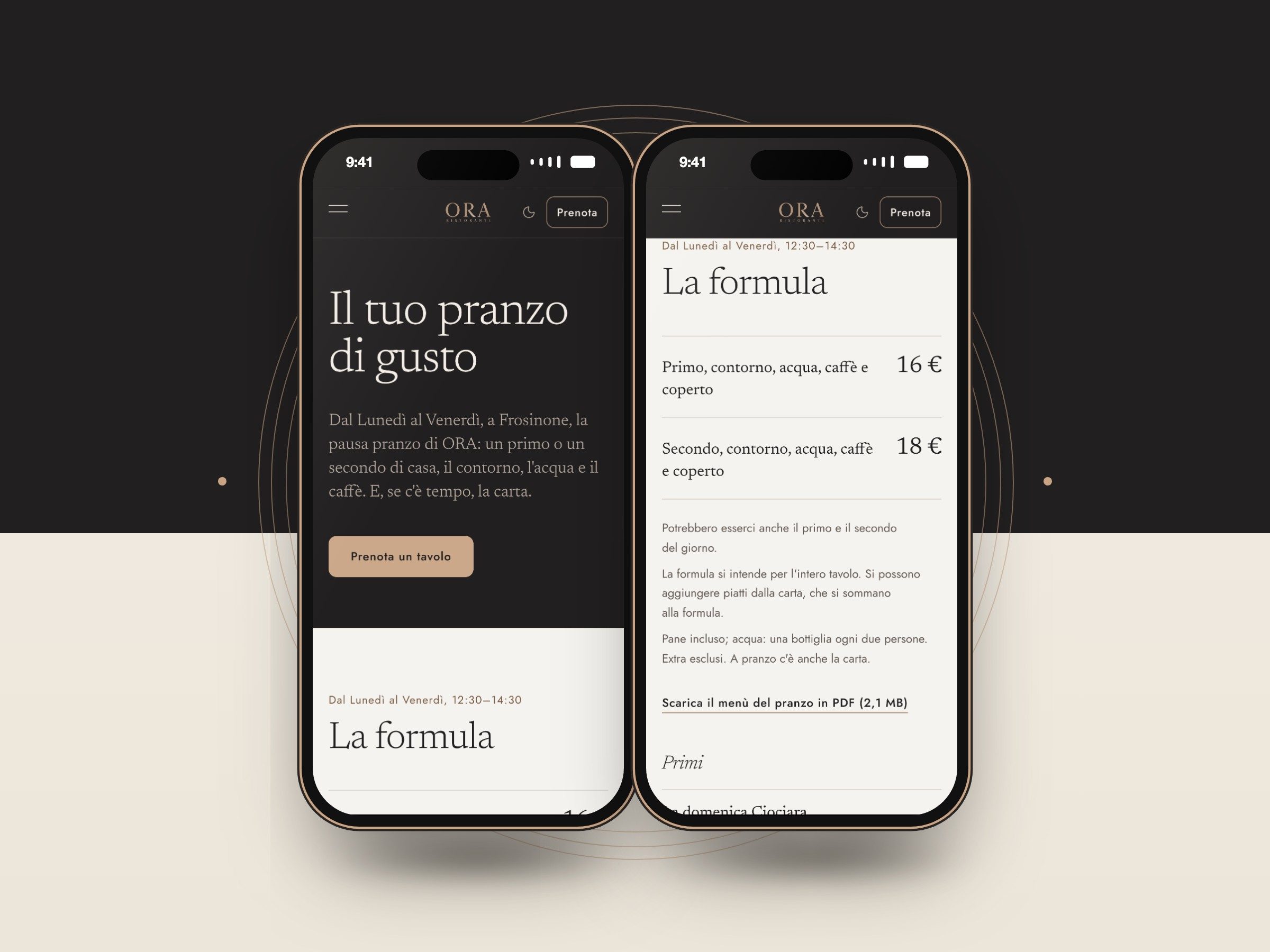 Due smartphone con la pagina Pranzo del sito di ORA Ristorante: la formula da 16 e da 18 euro dal lunedì al venerdì