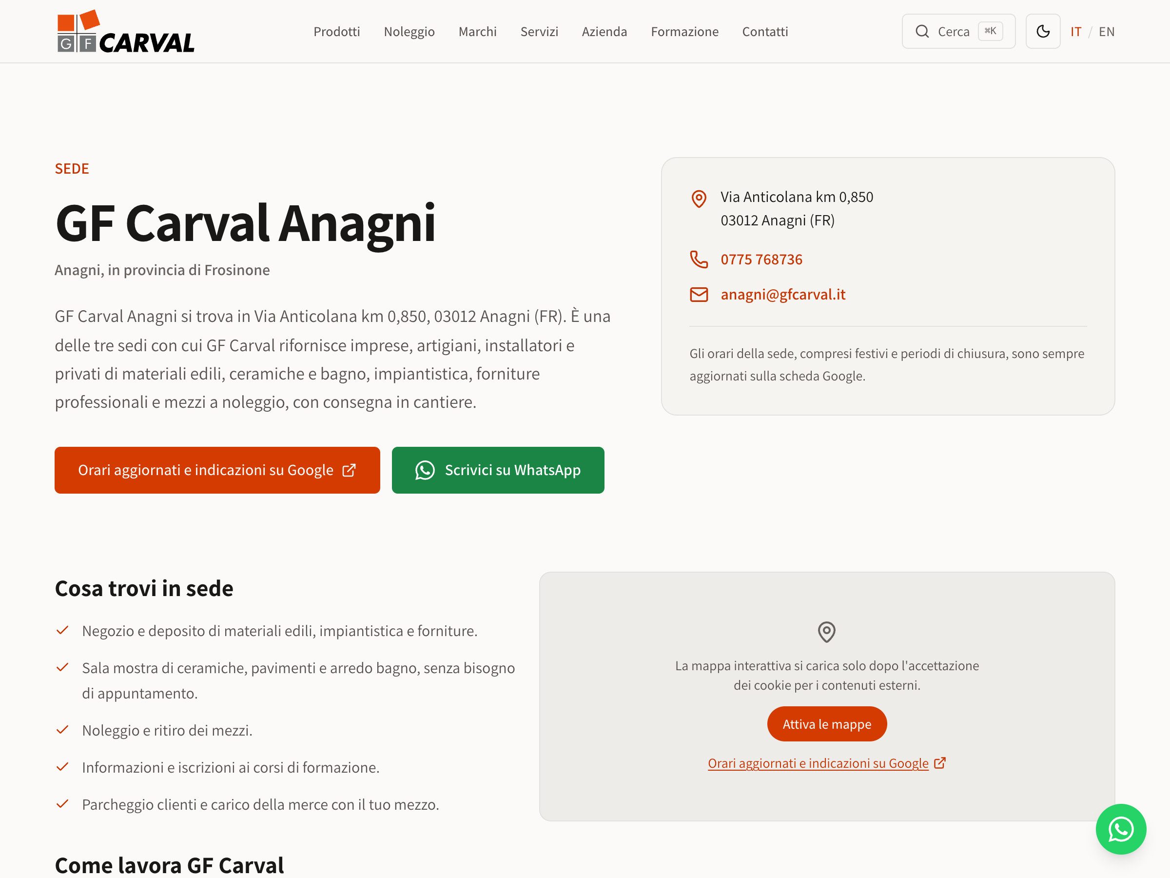 La pagina della sede GF Carval di Anagni, con indirizzo, contatti e il collegamento agli orari su Google