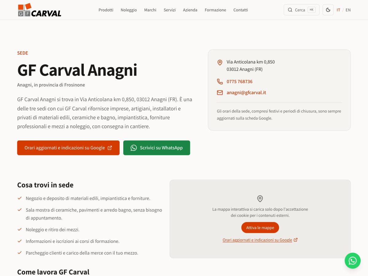 La pagina della sede GF Carval di Anagni, con indirizzo, contatti e il collegamento agli orari su Google