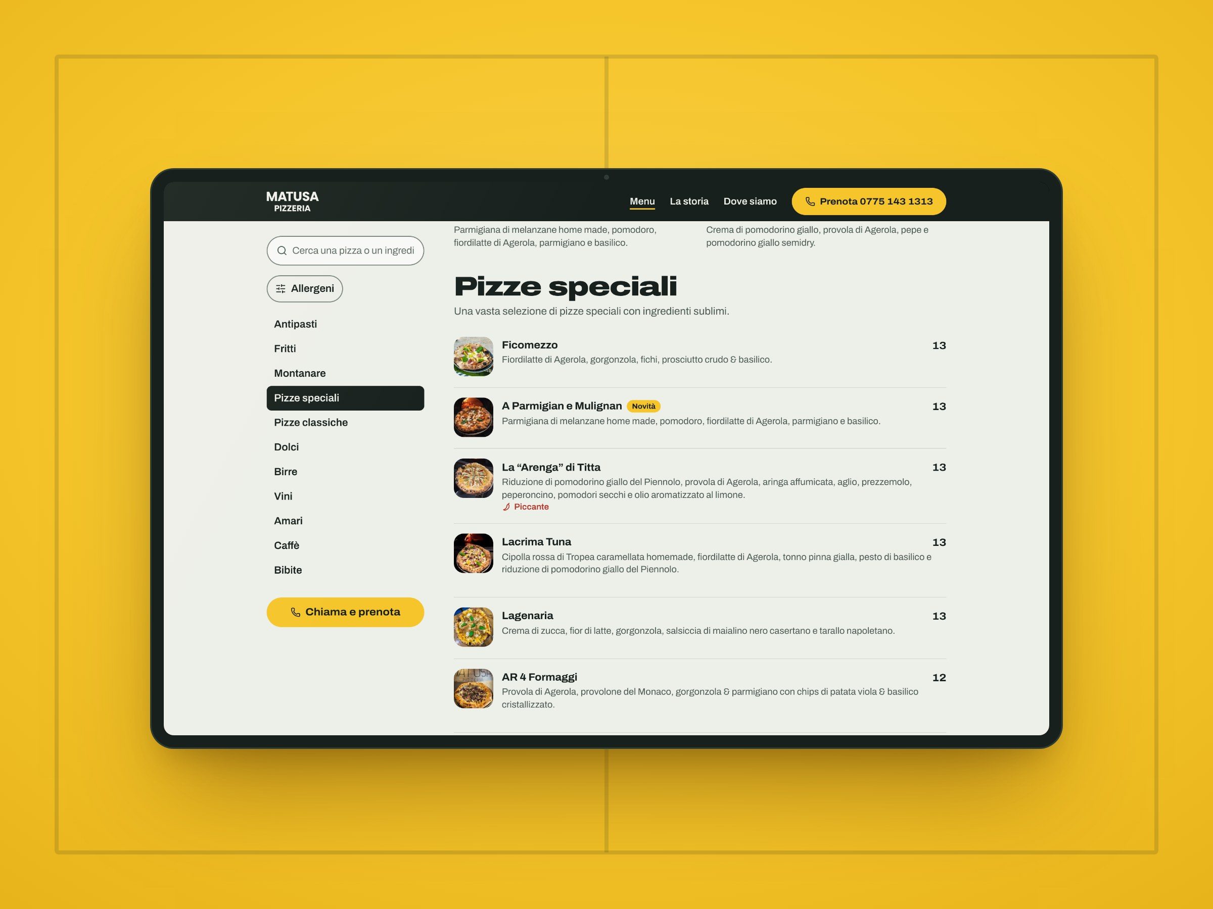 La pagina Menu del sito di Matusa Pizzeria su uno schermo, con la ricerca, le sezioni e le pizze speciali con i prezzi