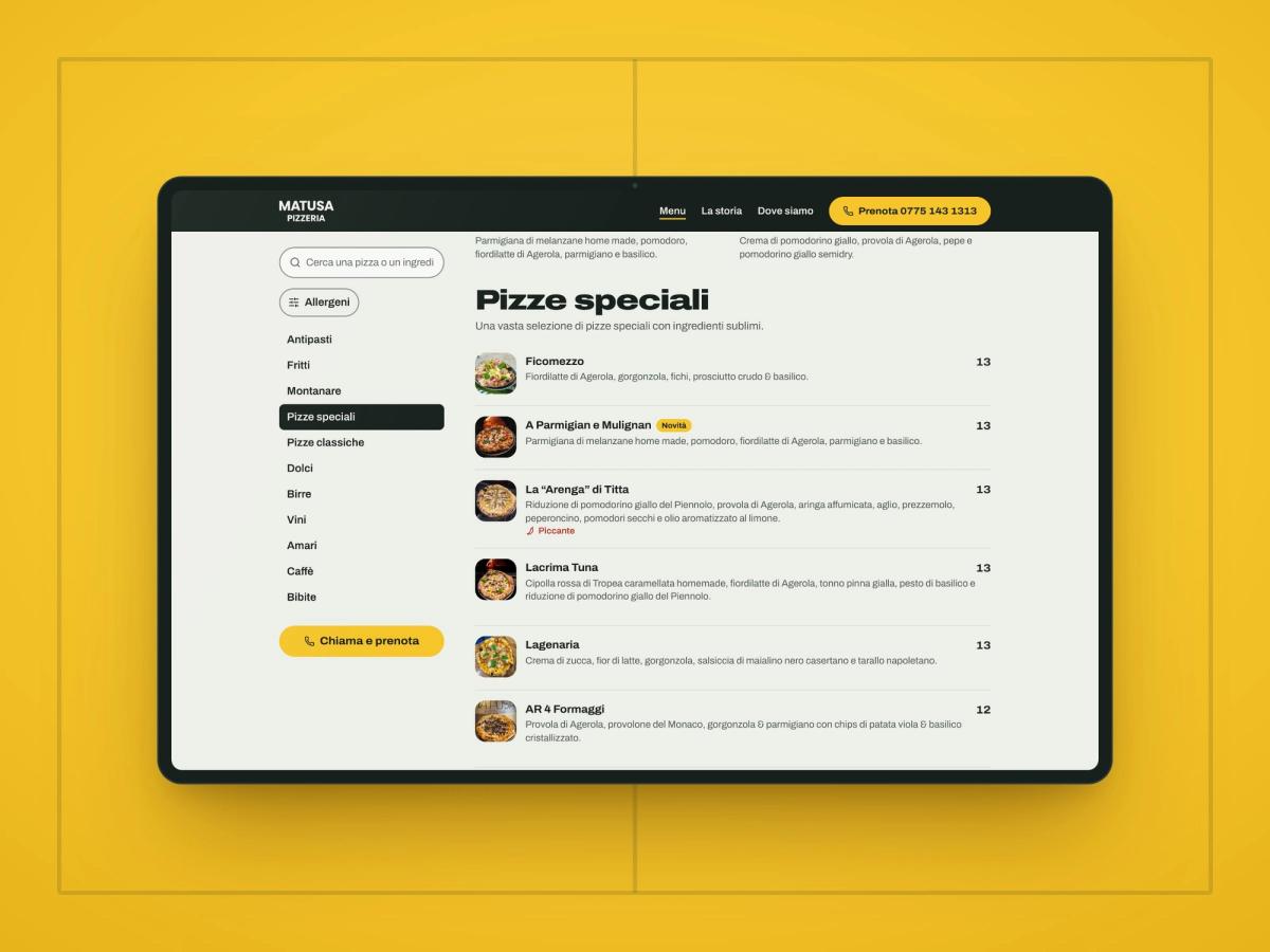 La pagina Menu del sito di Matusa Pizzeria su uno schermo, con la ricerca, le sezioni e le pizze speciali con i prezzi
