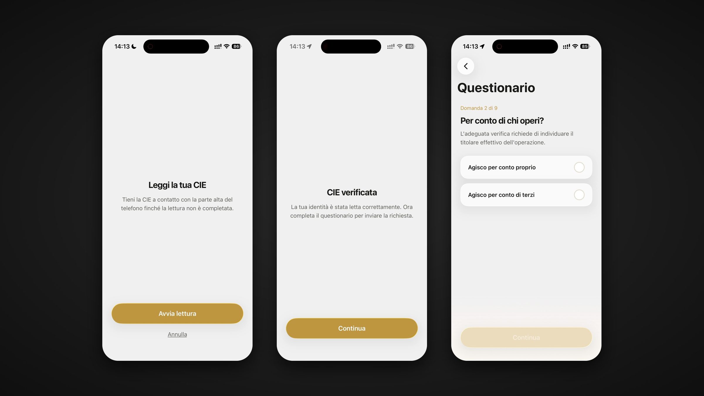 Tre schermate dell'app Aurelia Gold: lettura della carta d'identità elettronica, conferma della lettura e questionario di adeguata verifica