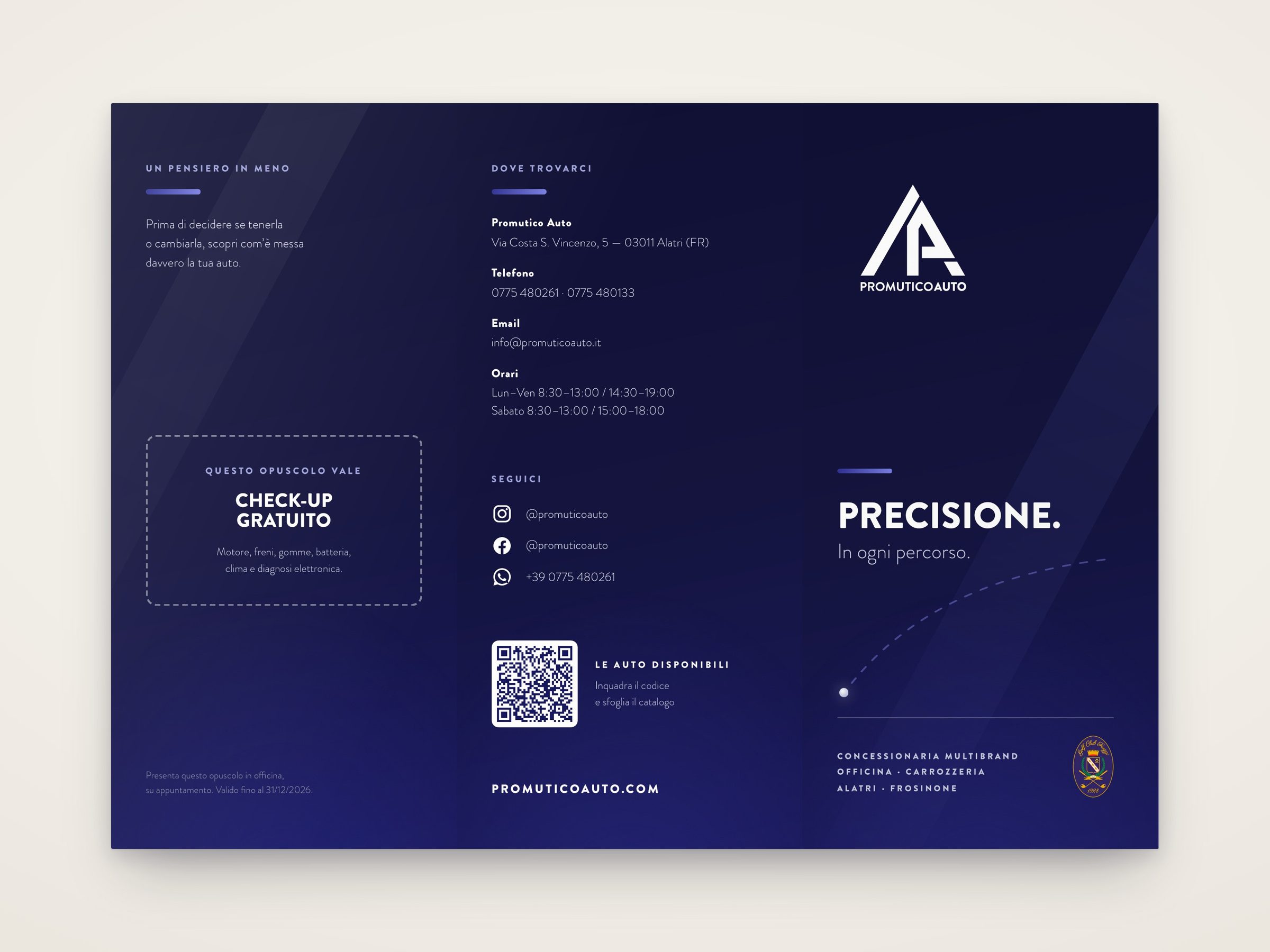 L'esterno del pieghevole di Promutico Auto, con il buono per il check-up gratuito, i contatti, il QR al catalogo e la copertina con lo stemma del Golf Club Fiuggi