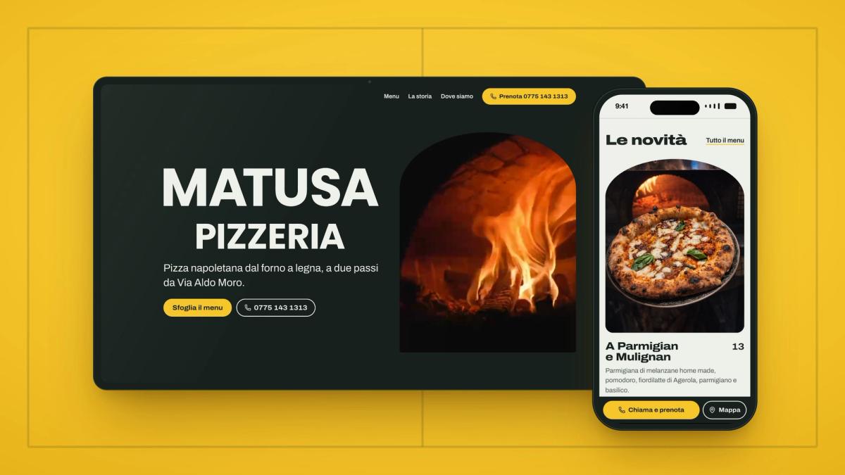 La home del sito di Matusa Pizzeria su uno schermo e su uno smartphone, con la scritta Matusa Pizzeria, il forno a legna e la pizza A Parmigian e Mulignan