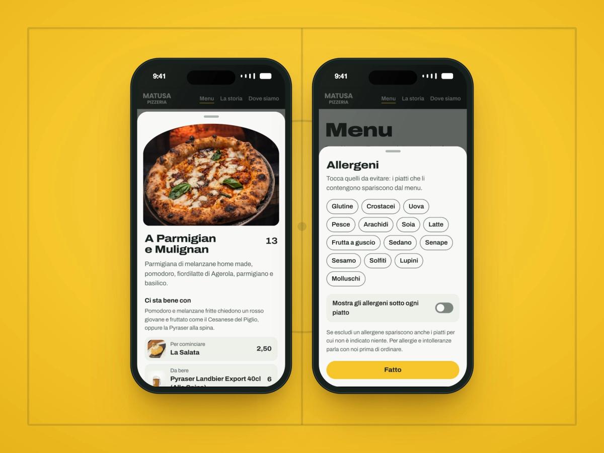 Due smartphone con il sito di Matusa Pizzeria: la scheda della pizza A Parmigian e Mulignan con gli abbinamenti e il filtro dei 14 allergeni