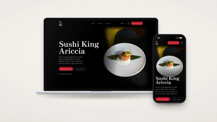 Il sito di Sushi King Ariccia su un portatile e su uno smartphone, con la home e un piatto di sushi su fondo scuro