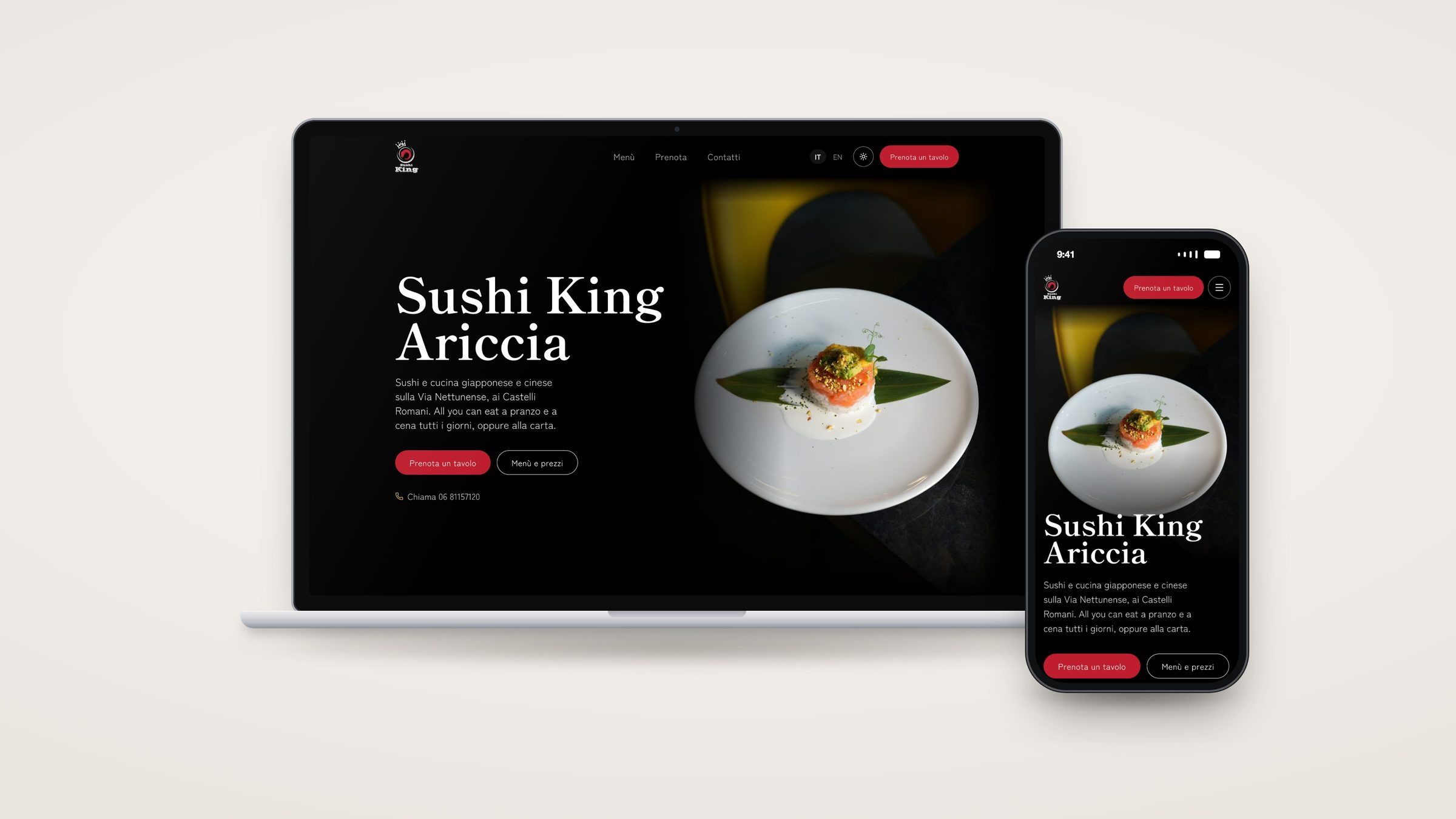 Il sito di Sushi King Ariccia su un portatile e su uno smartphone, con la home e un piatto di sushi su fondo scuro