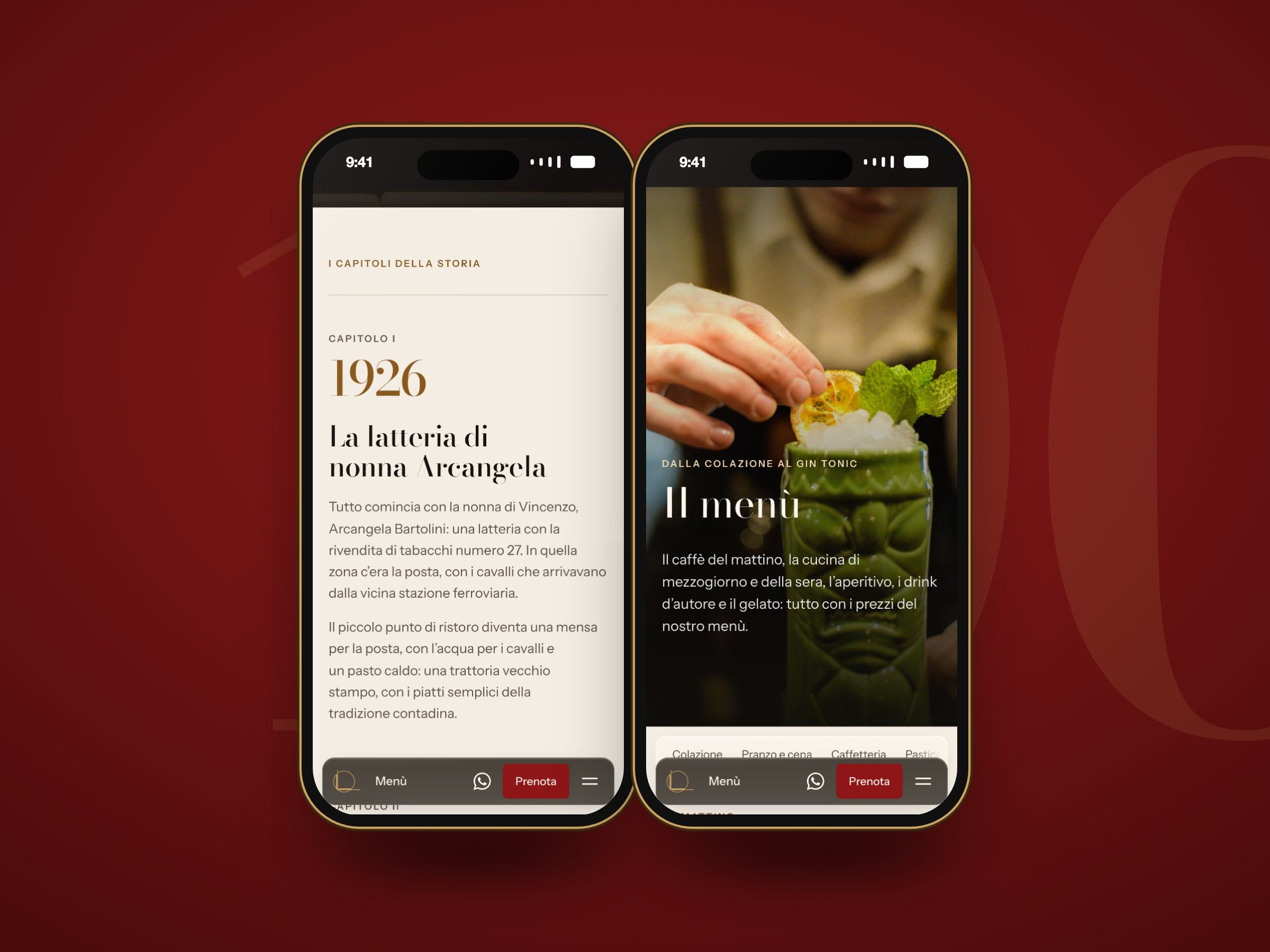 Due smartphone con il capitolo del 1926 nella pagina Storia e la pagina Menù del sito del Caffè Minotti