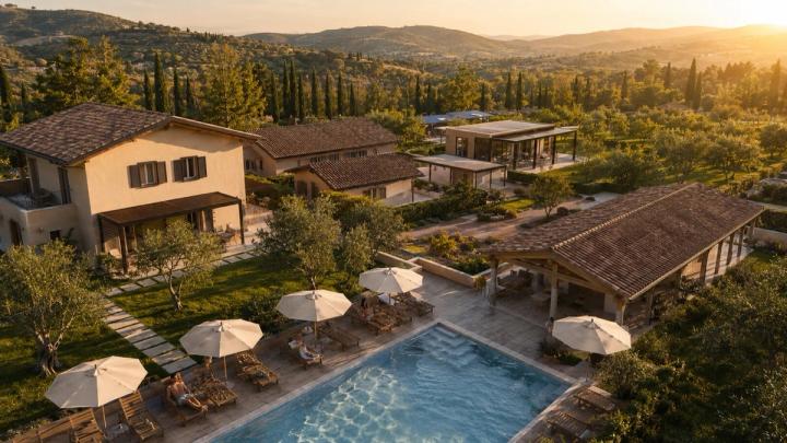 Veduta dall'alto del Next Resort al tramonto, con la piscina, gli ombrelloni e le colline intorno