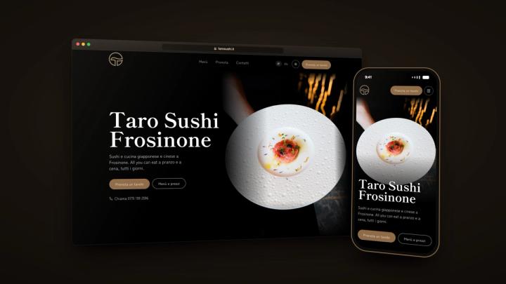 Il sito di Taro Sushi Frosinone in una finestra del browser e su uno smartphone, con la home e una tartare di tonno su fondo scuro