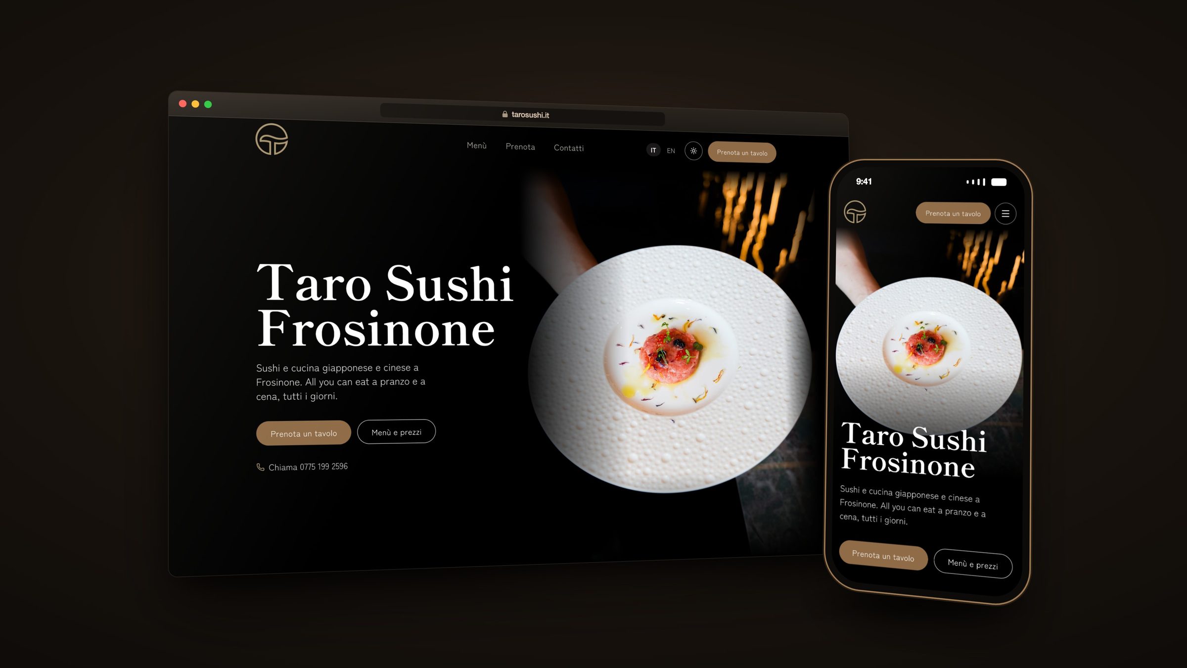 Il sito di Taro Sushi Frosinone in una finestra del browser e su uno smartphone, con la home e una tartare di tonno su fondo scuro