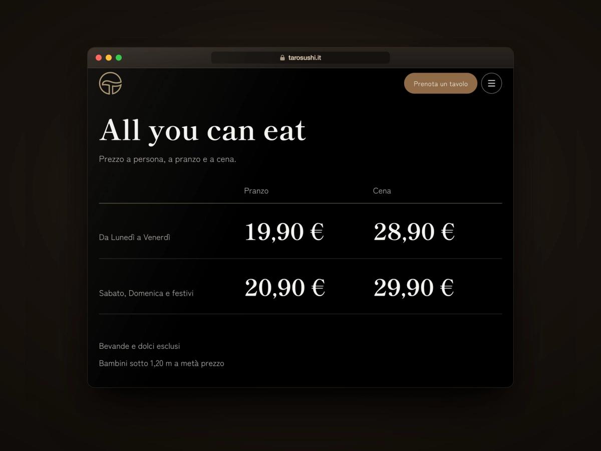 La sezione All you can eat del sito di Taro Sushi in una finestra del browser, con i prezzi a pranzo e a cena