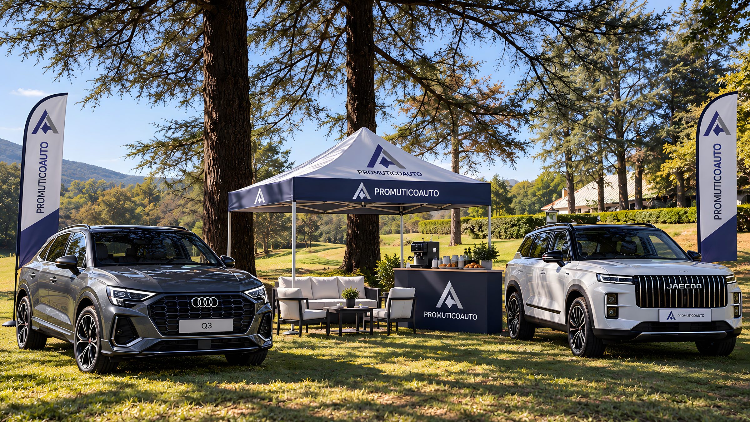 Render dello stand di Promutico Auto: gazebo con il logo, un angolo ospitalità al centro e due SUV ai lati, fra gli alberi