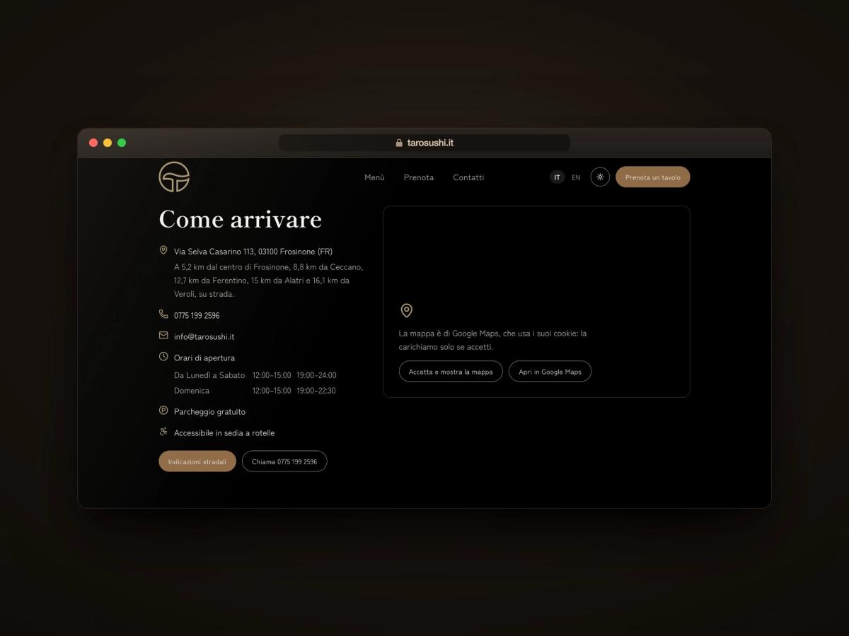 La sezione Come arrivare del sito di Taro Sushi, con indirizzo, distanze dai comuni vicini, orari e il pulsante per le indicazioni stradali