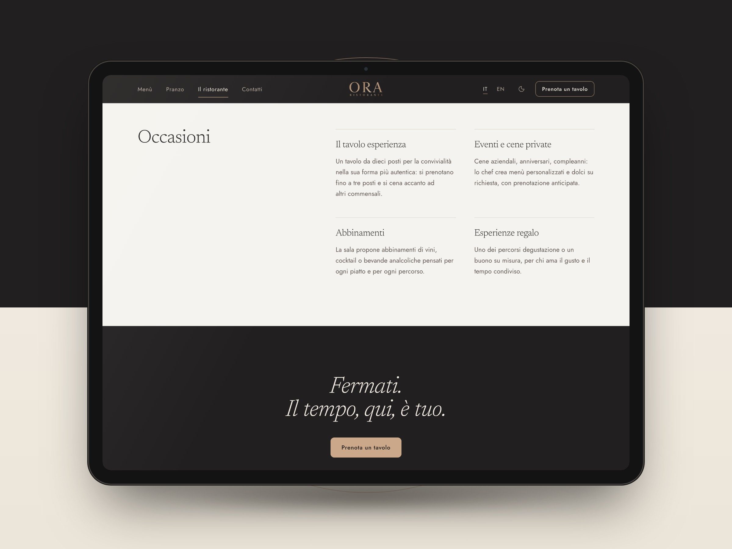 La sezione Occasioni del sito di ORA su un tablet: tavolo esperienza, eventi e cene private, abbinamenti ed esperienze regalo