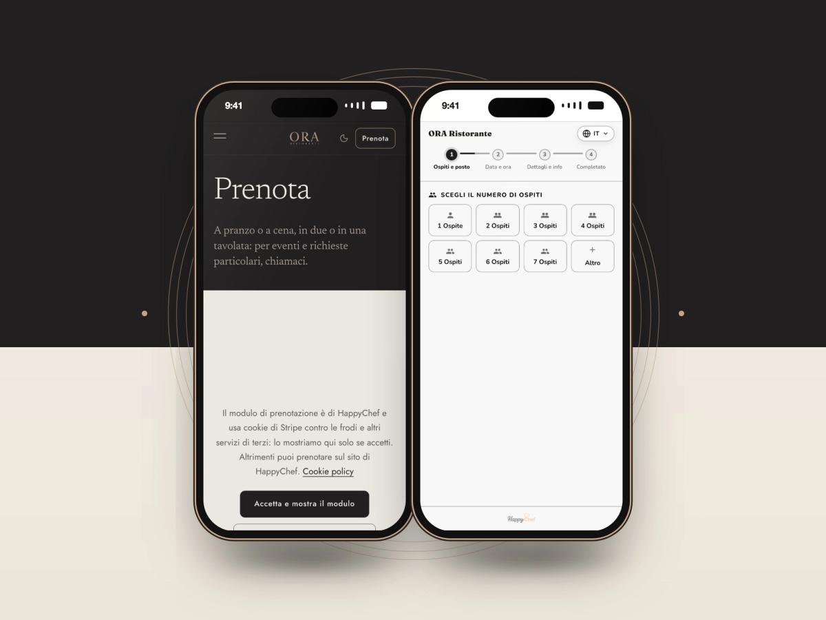 Due smartphone: la pagina Prenota del sito di ORA Ristorante e il modulo di prenotazione HappyChef con la scelta del numero di ospiti